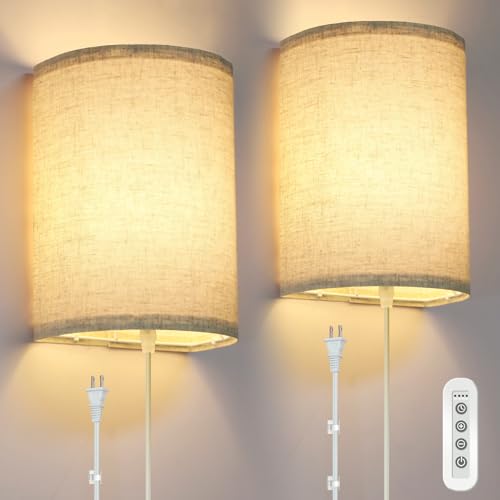 Image of FINCMY Wall Sconce Light Plug in, Dimmable Sconces Wall Decor Set of 2, Stick on Wall Lights for Bedroom Living Room Hallway, Plug in Wall Sconces with Remote, LED Bulbs Included