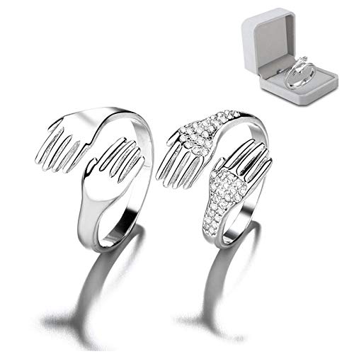 2 Pcs/Pair Adjustable Hug Ring 925 Sterling Silver, Resizable Romantic Hugging Hands Open Ring for His and Hers Ring Sets Couples Women's Stacking Rings Set (With diamond)