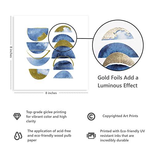 Abstract Framed Wall Art Decor: 4 Piece Minimalist Blue Brush Stroke Picture Modern Bedroom Watercolor Geometric Shape Pattern Print Small Square Gold Foil Artwork Bathroom Living Room Painting #TOP1