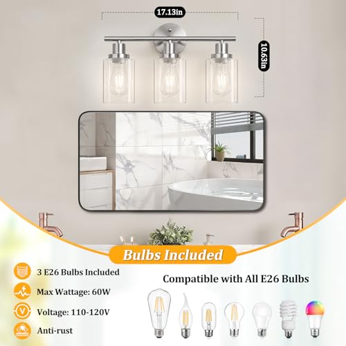 Image of Unicozin Modern Bathroom Light Fixtures, 3 Light Vanity Lights with E26 Bulbs, Brushed Nickel Wall Lamp with Clear Glass for Mirror Living Room Hallway Cabinet Porch