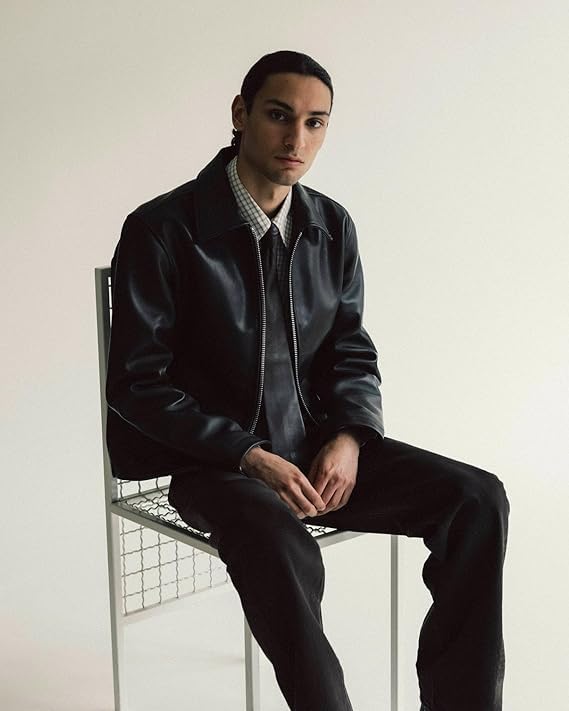 Image of Gigavibe Black Leather Jacket for Men | Collared Zip-Up Classic Style | Crop Fit Racing Sports Bomber Jacket | Regular Fit Jacket for Casual & Biker Wear