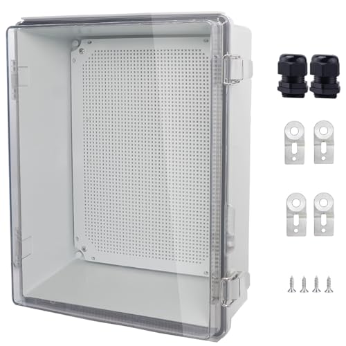IP67 Waterproof Junction Box, ABS Plastic Electrical Enclosure with Stainless Steel Latch, Hinged Cover Electric Box with Mounting Plate, Wall Brackets &amp; Cable Glands 400x300x180mm