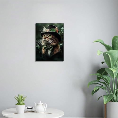 AIHNBF Cat Canvas Wall Art with Top Hat & Bow Tie, Feline Animal Print, Elegant Cat Portrait with Green Eyes & Shamrock, Whimsical Pet Decor for Living Room, Canvas 80 x 120 cm steampunk buy now online