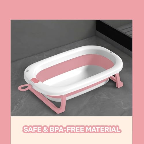 Image of Safe-O-Kid Tubbly Anti-Slip Folding Baby Bath Tub,with Support Cushion,Temperature Sensitive Plug,Portable Bathtub,Soap Tray,Easy to Store,Foldable Shower Pool for Kids Upto (0-4 Years),Pink