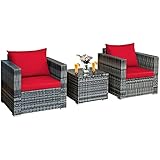 Rattan-Möbel, Bistro-Set, gepolstert, Sofa, Stuhl, Tisch, Rot, 3-teilig