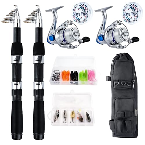 伸縮式釣り竿リールセット 2 本入り 2.1M 折りたたみスピニング竿リールコンボ コンパクト釣りルアー・仕掛けアクセサリー 軽量旅行用釣りギアセット 塩水・淡水両用 釣り愛好者への贈り物