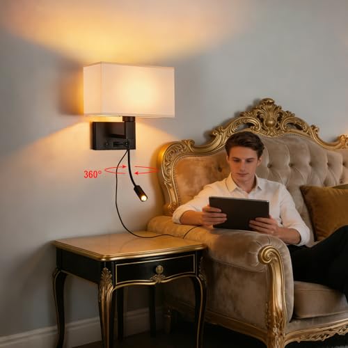 Image of Black Wall Sconces, Hardwired Wall Lamp with USB Port and Reading Lamp, Fabric Shade Bedside Wall Lights with Reading Lamp for Bedroom Living Room Hotels Corridors (Black)