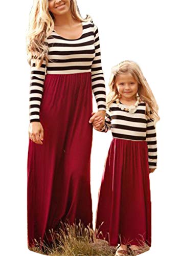 WIWIQS Summer Cute Mommy and Me Boho Striped Chevron Maxi Dresses Red and Strips Long Sleeve S