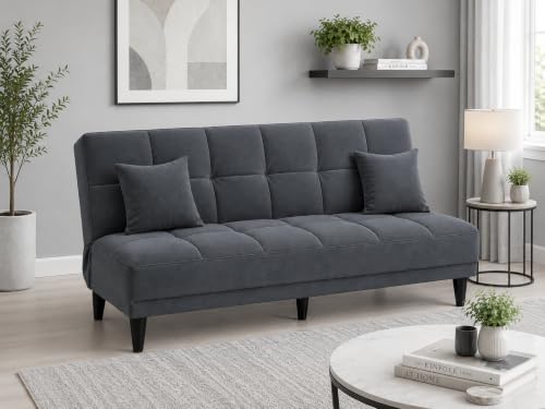 Image of Adorn India Alyssum 3 Seater Sofa Cum Bed 4X6 Velvet 2 Cushions (Color Grey) and Suitable for All Indoor, with 3 Years Warranty