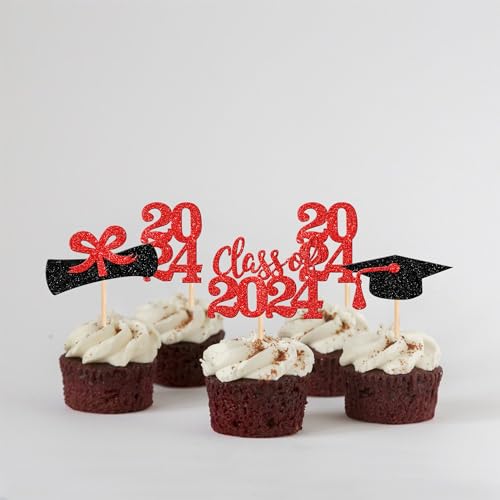 Zhuoweism 36 Pcs 2024 Graduation Theme Cupcake Toppers Glitter Class Of 2024 Graduation Cap Diploma Cupcake Picks 2024 Graduation Theme Party Cake Decorations Supplies Red thumb #6