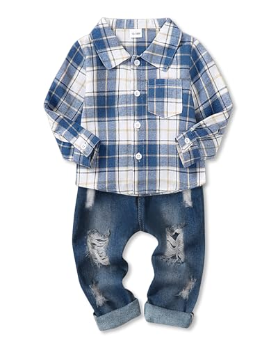 Coco&RARA Toddler Baby Boy Clothes Outfits Button Down Long Sleeve Plaid Shirt + Denim Pants 2PCS Fall Winter Suits?Blue, 18-24 Months