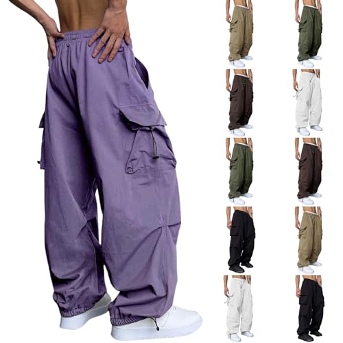 CRTNCEM Men Baggy Parachute Pants Y2K Drawstring Elastic Waist Wide Leg Cargo Pants Loose Joggers with Pockets for Streetwear