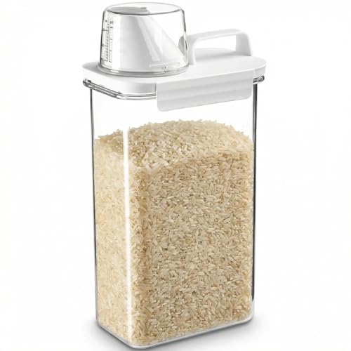 Beruyu Rice Storage Container, 2300ml Airtight Transparent Food Storage Container with Measuring Cup, BPA Free Plastic Cereal Containers for Flour, Beans, Pet Food, Washing Powder