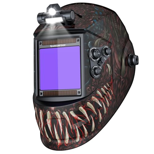 ARCCAPTAIN Large View 3.94' x 3.66' True Color Auto Darkening Welding Helmet with Light, Solar Powered Welding Hood, 4 Arc Sensor Wide Shade 4/5-9/9-13 for Stick MIG TIG Cut, Alien