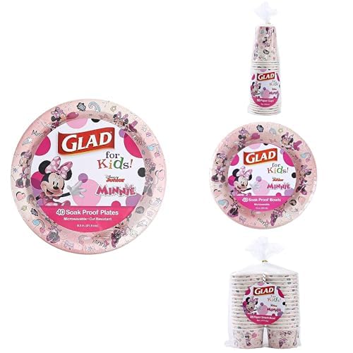 Glad for Kids Disney Pink Minnie Tableware Bundle: Paper Plates (40 Ct, 8.5"), Paper Cups (24 Ct, 9oz), Paper Bowls (40 Ct, 12oz), and Snack Bowls (32 Ct, 6oz) for Everyday Fun