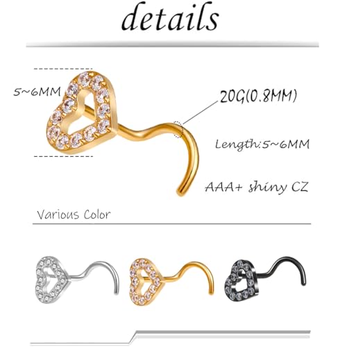 3PCS 20G Hypoallergenic Surgical Stainless Steel Nose Rings Studs For Women Men Screw Shape Nose Studs Heart CZ Nose Studs Gold Silver Black Nose Piercings Studs2