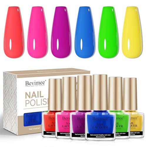 Bevimee Neon Nail Polish Set, Quick Dry Rainbow Nail Polish 6 Colors Bright Pink Blue Yellow Purple Green Fingernail Polish Spring Summer Salon DIY Manicure Kit Gifts for Women