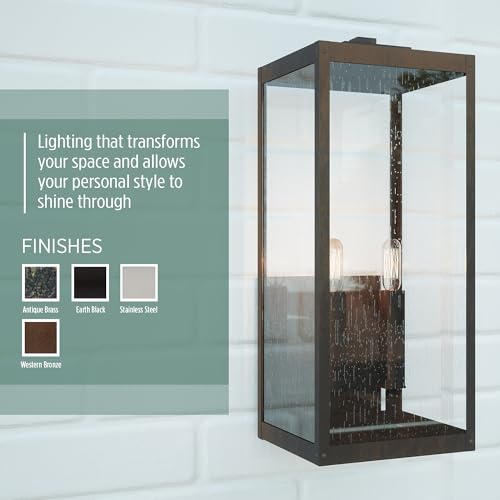 Image of Quoizel Westover Modern Wall Sconce, 22.75 Inch Industrial Bronze 2-Light Outdoor Light Fixture, Clear Seeded Glass Wall Lantern, 60 W, Industrial Design Wall Light for Porch, Patio, Gazebo or Yard