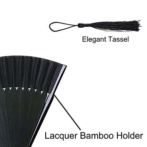 Bifofo Handheld Fan, Folding Silk Fan Handheld Fan, Men Women Silk Folding Fan With Bamboo Frames And Elegant Tassel For Dancing Cosplay Wedding Party Props Decoration (Black) #TOP4