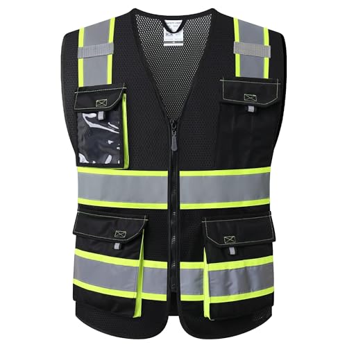 Image of JKSafety Hi Vis Reflective Safety Vests for Men Women High Visibility Vest with Pockets Mesh Fabric Construction Safety Apparel Neon Vest for Work (220-Black S)