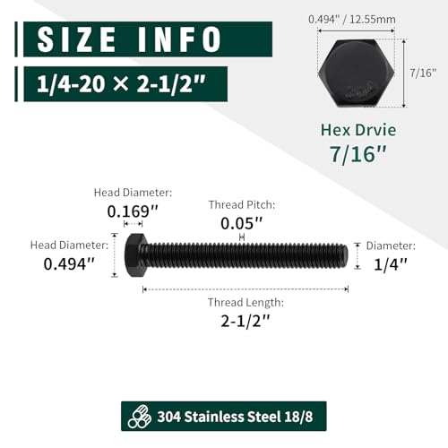 Image of 1 /4-20 x 2-1 /2 inch Hex Head Bolts Black, 304 Stainless Steel 18-8 Hexagon Head Screws Bolts, Black Oxide Finish, Allen Hex Drive, 12 PCS