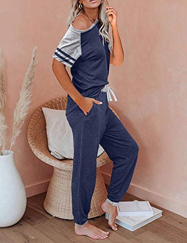 Image of PRETTYGARDEN Women Summer Two Piece Outfits Striped Short Sleeve Pullover and Long Pants Tracksuit Travel Pajama Lounge Set