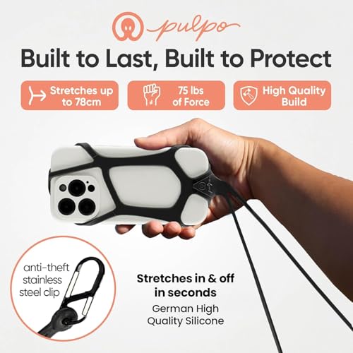 Image of Pulpo Safety Cell Phone Lanyard Black Fits Smartphones 6.1 inch to 6.8 inch - Anti Theft Phone Strap for Men & Women, Lanyards for Phones, Hiking Phone Holder & Cellphone Lanyard, Silicone Crossbody Straps
