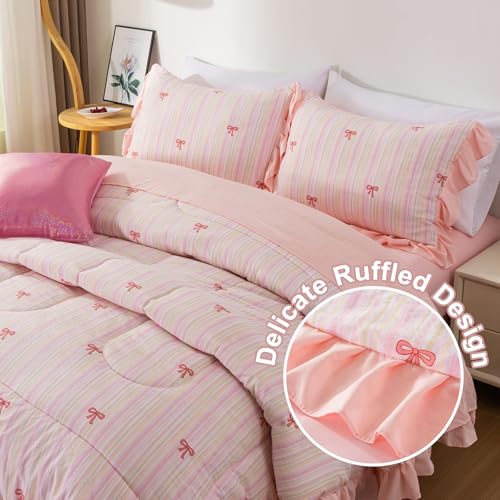 Image of A Nice Night Rainbow Stripes & Bows Bedding,6pc Ruffle Girls Twin Comforter | Princess Ruffled Seersucker Chic Design,Bed in a Bag With Sheet Sets,Light Pink Room Decor,Ultra Soft,Machine Washable