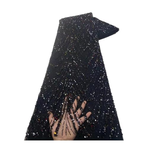 Tissu à paillettes brodé point chaîne noir de 5 yards avec perles tubes pour costume