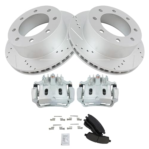 Image of TRQ Rear Performance Brake Pad, Caliper, & Rotor Kit Ceramic Premium G-Coated Compatible with 2000-2005 Ford Excursion 2000-2004 F-250 Super Duty F-350 Super Duty