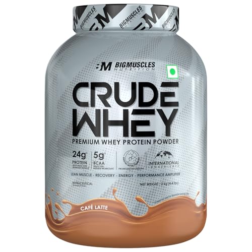 Bigmuscles Nutrition Crude Whey - 2 kg (Cafe Latte) | US FDA REGD. BRAND | Whey Protein Concentrate 80%, 24g Protein, 5.5g BCAA, 4 g Glutamine