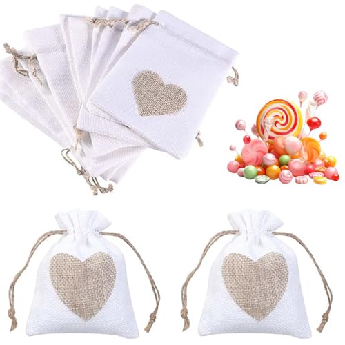 XURJUMI 10Pcs Motif de Coeur Sachets en Toile de Jute Pochettes 10 * 8CM, Petit Pochon Dragees pour Dragees Mariage pour Bonbons Adeaux Cadeau Baptême Anniversaire Noël Pâques