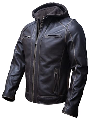 Artistry Mens Genuine Lambskin Leather Motorcycle Jacket with Removable Hood in Black Brown