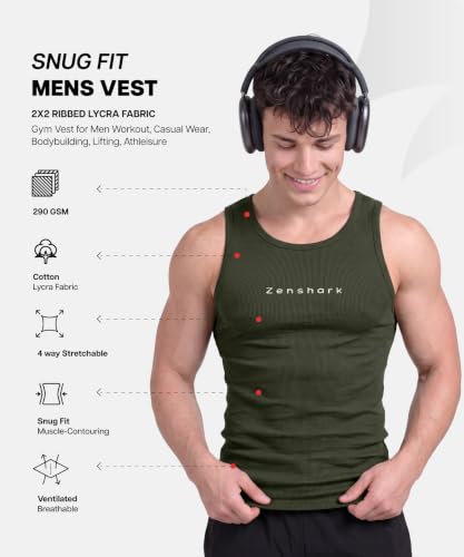 Image of ZENSHARK Gym Vest for Men | Sleeveless T Shirt Sando Tank Top | 2x2 Ribbed Cotton Lycra Ribbed Vest | Round Neck Slim Fit 4 Way Stretch | Sleeveless Gym T Shirt for Workout Training