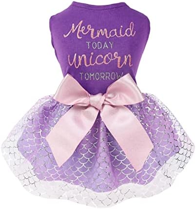 Fitwarm Mermaid Today Unicorn Tomorrow Dog Tulle Dress, Sparkly Dog Clothes for Small Dogs Girl, Pet Beach Costume, Cat Summer Outfit, Lavender Purple, Medium
