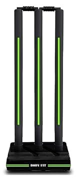 Bodyfit Heavy Black Cricket Stumps | Plastic Wickets Set with 3 Stumps + 2 Bails + 1 Stand | Full Size Wickets for Cricket Ground, Tournament Wicket, Black-Green.