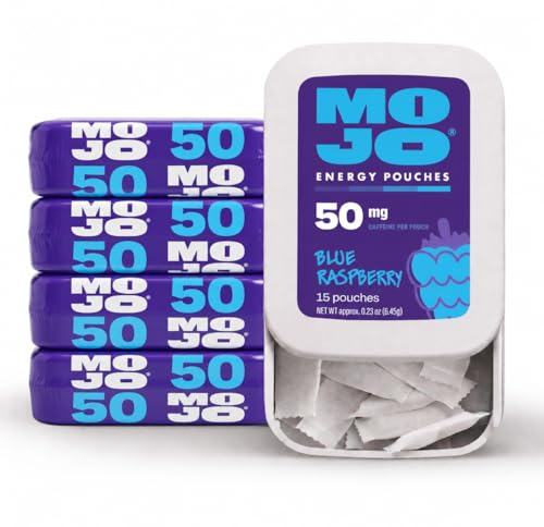 Image of MOJO Caffeine Pouches with Naturally Derived Caffeine from Green Tea, Ginseng, Yerba Mate, L-Theanine & B-Vitamins | Nicotine-Free | Zero Sugar | 50mg Caffeine | Blue Raspberry