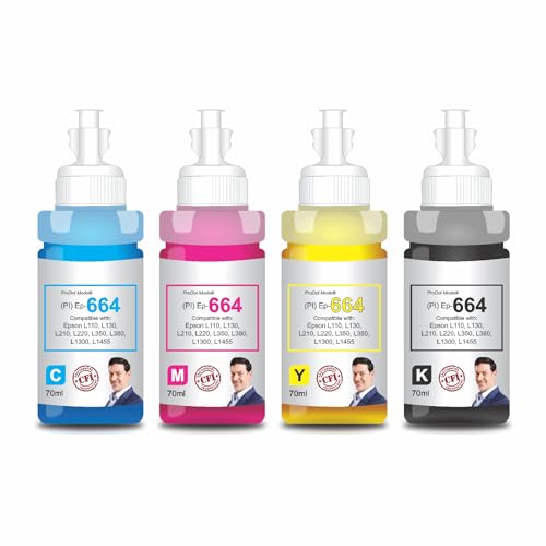 Image of ProDot ProSeries Ep-664 Inkjet Ink Refill Compatible with Epson L100, L130, L210, L220, L300, L310, L350, L355, L360, L380, L485, L565, L655, L1300, L1455 Ink Tank Printers (70 ml, C /M /Y /K)