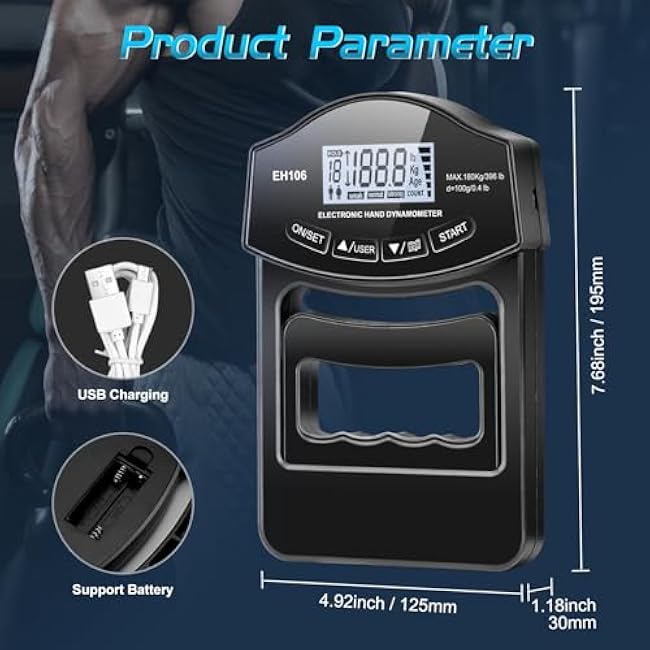 396lbs / 180kg Grip Strength Tester Trainer - Dynamometer Handgrip Measurer Meter with LCD Display, Handheld Strengthener Exerciser for Sports, School, and Home Use (396Lbs / 180Kgs)