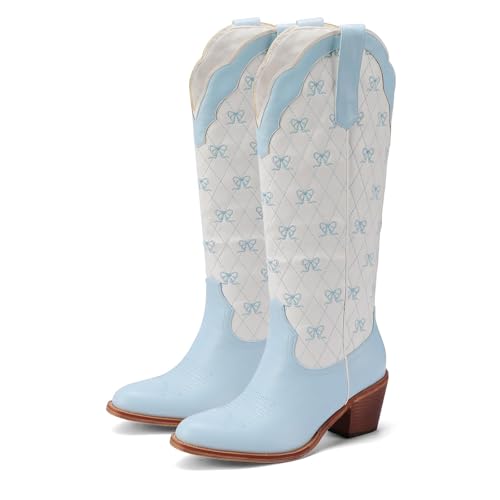 Women's Cute Cowboy Boots With Bow Embroidery Casual Knee High Cowgirl Boots For Women Chunky Heel Pointed Toe Western Style Boot With Color-Block Design For Prom Dressy Party
