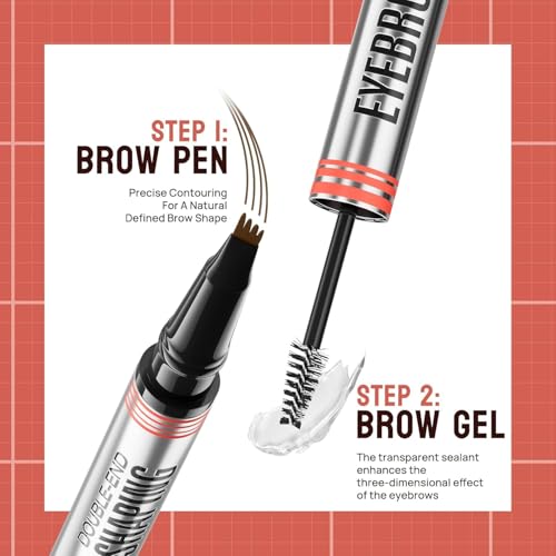 Microblading Augenbrauenstift Wasserfest Mit 4 Gabelspitzen & quadratischer Augenbrauenbürste & klarem Brauengel für natürliche Härchenzeichnung (Tiefbraun) – Ideal für zu Hause & Make-up-Profis