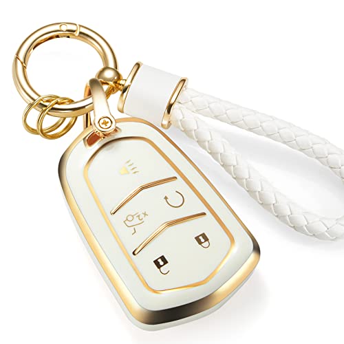 CTRINEWS Key Fob Cover with Metal Braided Rope Keychain for Cadillac Accessories Upgraded Soft Key Case for 2015-2019 Escalade CTS SRX XT5 ATS STS CT6 (Gold Edge)