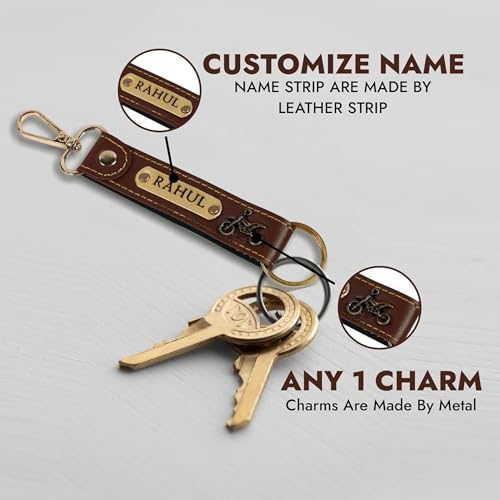 Image of Personalized Leather Keychain with Custom Name and Metal Charm, PU Leather with Hand Stitching, Adjustable Keyholder