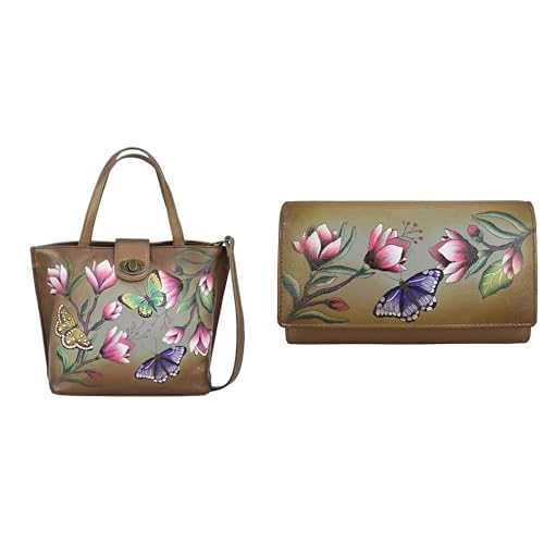 Anna by Anuschka Genuine Leather Hand-Painted Bundle - Tote Handbag and Checkbook Clutch Wallet - Magnolia Garden Bronze