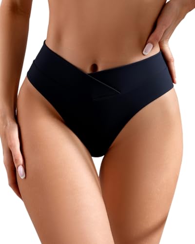 AFOLIRY Women's V Cross High Waist High Cut Brazilian Cheeky Thong Bikini Swimsuit Bottoms Black