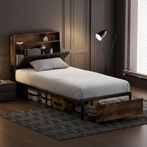 GTRACING Twin Size Bed Frame, Sturdy Bed Frame with Storage Drawers, 2-Tier Storage Headboard with LED Light and Charging Station, Strong Support Platform Bed Frame, No Box Spring Needed