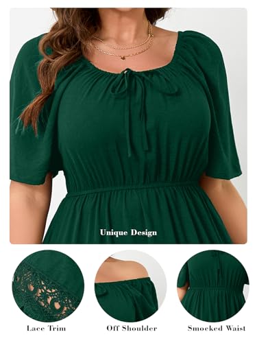 Image of RWJ Women's Plus Size Maxi Dress Short Sleeve Square Neck Flowy A-Line Lace Trim Flutter Party Casual Off Shoulder Dresses