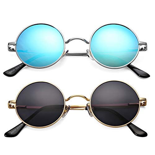 Braylenz 2 Pack Trendy Small Round Polarized Sunglasses for Women Men, Retro John Lennon Hippie Style Shades Glasses (Silver/Blue Mirrored Lens + Gold/Black Lens)