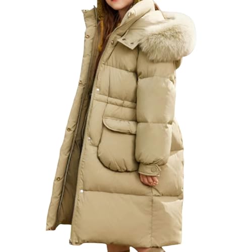 Girls Long Puffer Jacket Zip Up Button Faux Fur Hood Quilted Coat Winter Windproof Warm Soft Parka Coat with Pockets