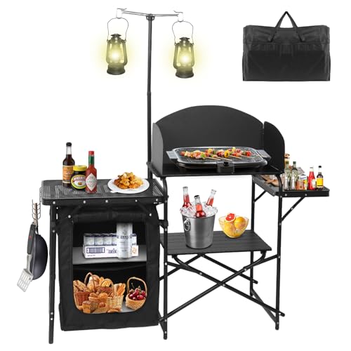 CDEN Camping Kitchen Station, Camping Table, Grill Table, with Light Stand and Windshield Cooking Station, outdoor